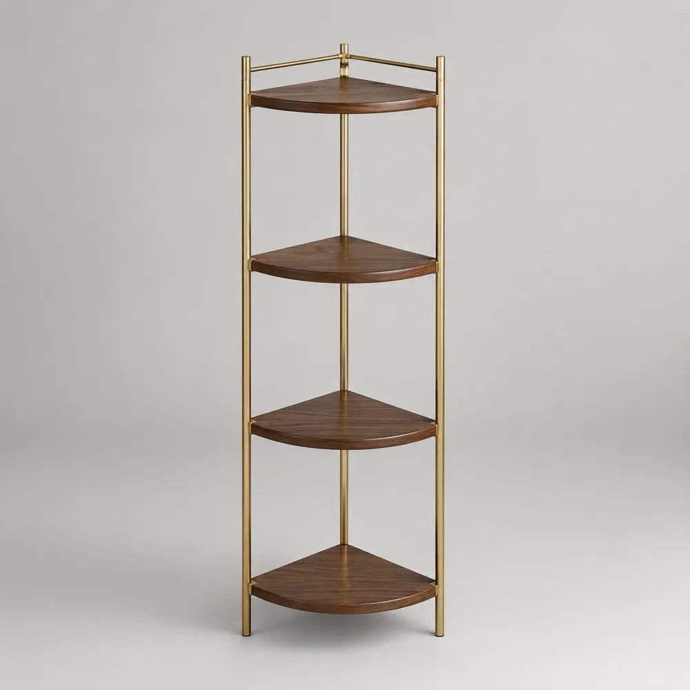 Libreria angolare a 4 ripiani in MDF e acciaio, marrone noce e ottone, 40 x 40 x 120 cm