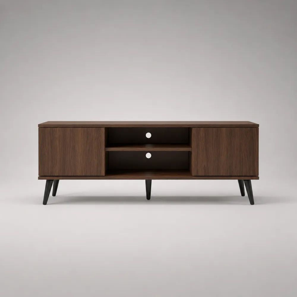 Mobile porta TV con 2 ante e 2 vani aperti, pannello truciolare effetto noce marrone e gambe nere, 140 x 40 x 55 cm