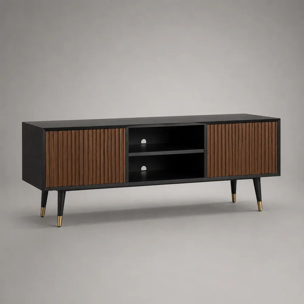 Mobile TV rettangolare in MDF e pannello truciolare, 160 x 40 x 65 cm, con 2 ante, 2 vani aperti e passacavi, nero, noce e ottone