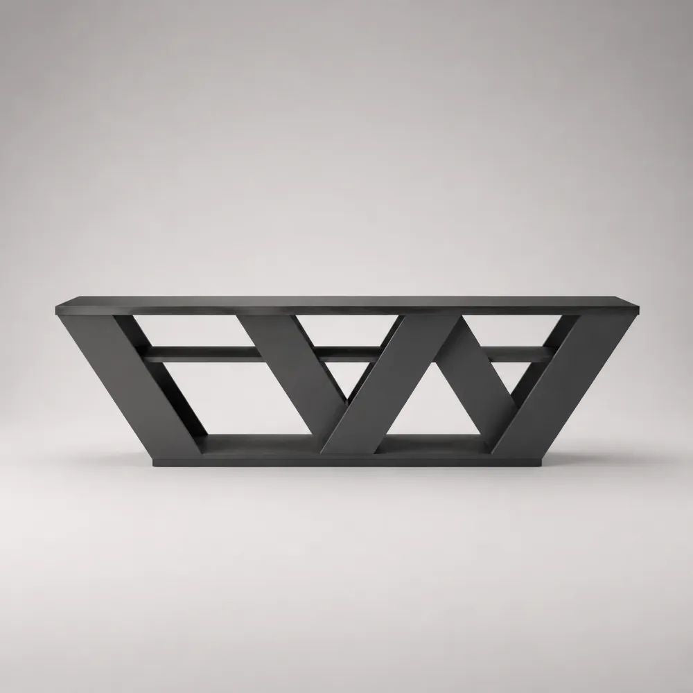 Mobile porta TV in legno con struttura geometrica, nero opaco, 180 x 40 x 60 cm