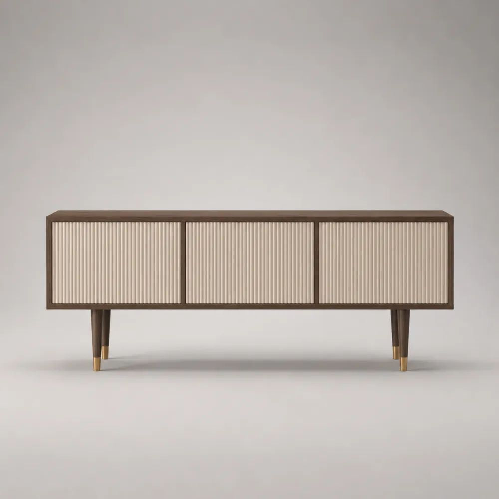 Mobile TV basso in MDF con 3 ante scanalate, marrone noce e beige, 160 x 40 x 70 cm
