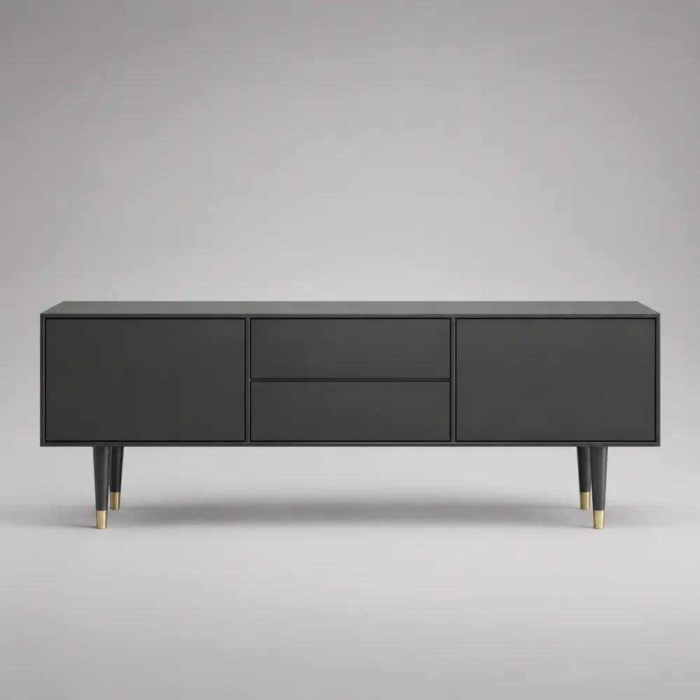 Mobile TV basso rettangolare in MDF nero con 2 ante, 2 cassetti e gambe oro, 160 x 40 x 70 cm