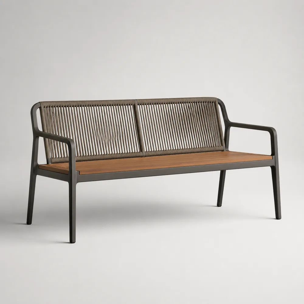 Panca da giardino a 2 posti in acciaio, legno e corda, antracite, marrone e tortora, 127 x 59 x 81 cm