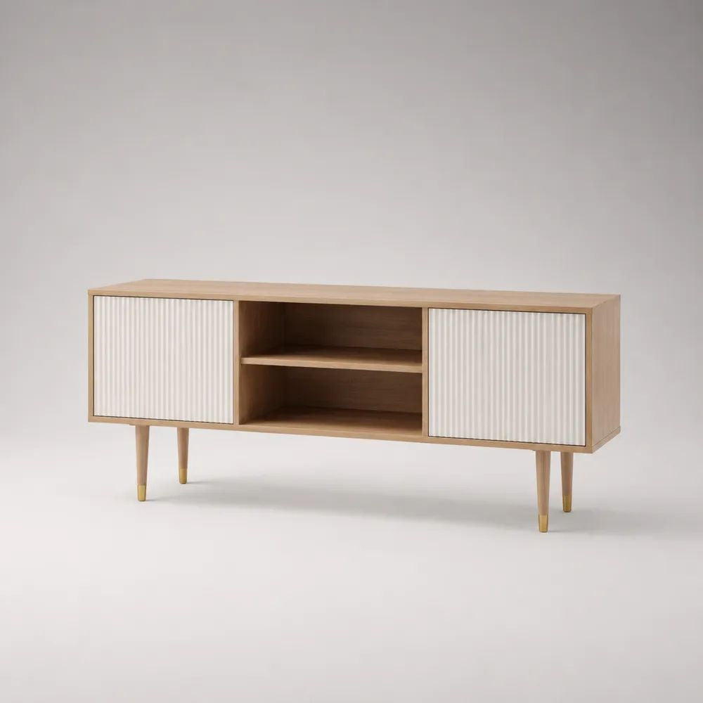 Mobile porta TV rettangolare in truciolare melaminico e MDF con 2 ante e 2 vani, rovere naturale, bianco e oro, 150 × 40 × 65 cm