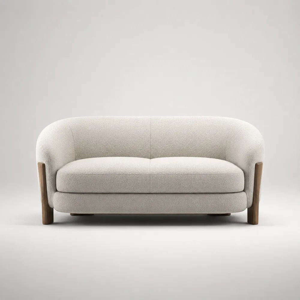 Divano 2 posti in bouclé di poliestere con gambe in legno massello, forma arrotondata, avorio, 160 x 85 x 75 cm