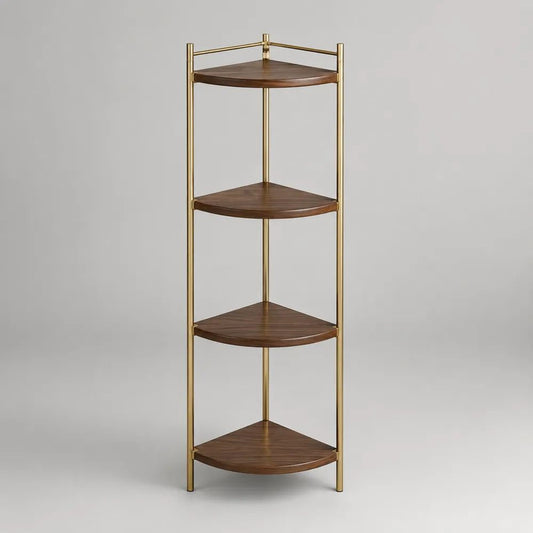 Libreria angolare a 4 ripiani in MDF e acciaio, marrone noce e ottone, 40 x 40 x 120 cm
