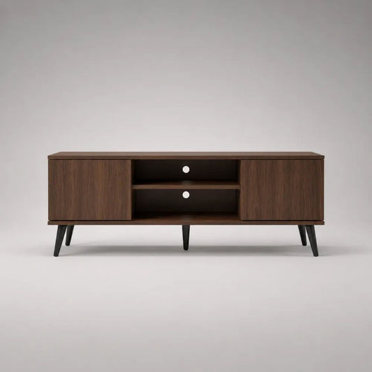 Mobile porta TV con 2 ante e 2 vani aperti, pannello truciolare effetto noce marrone e gambe nere, 140 x 40 x 55 cm