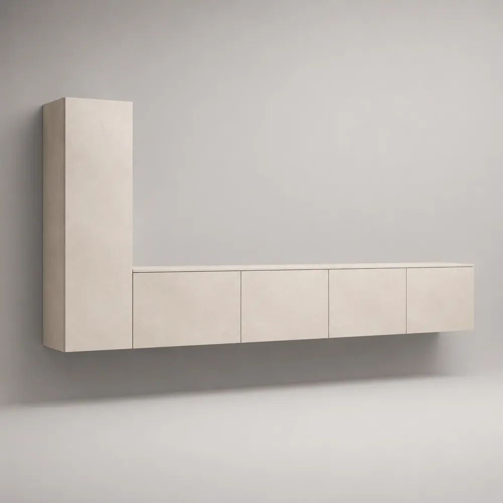 Set mobile TV sospeso 2 pezzi in legno bianco opaco, 240 x 35 x 150 cm