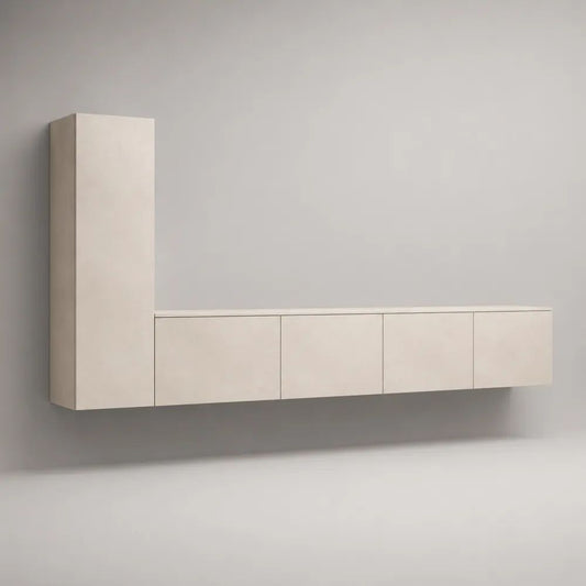 Set mobile TV sospeso 2 pezzi in legno bianco opaco, 240 x 35 x 150 cm