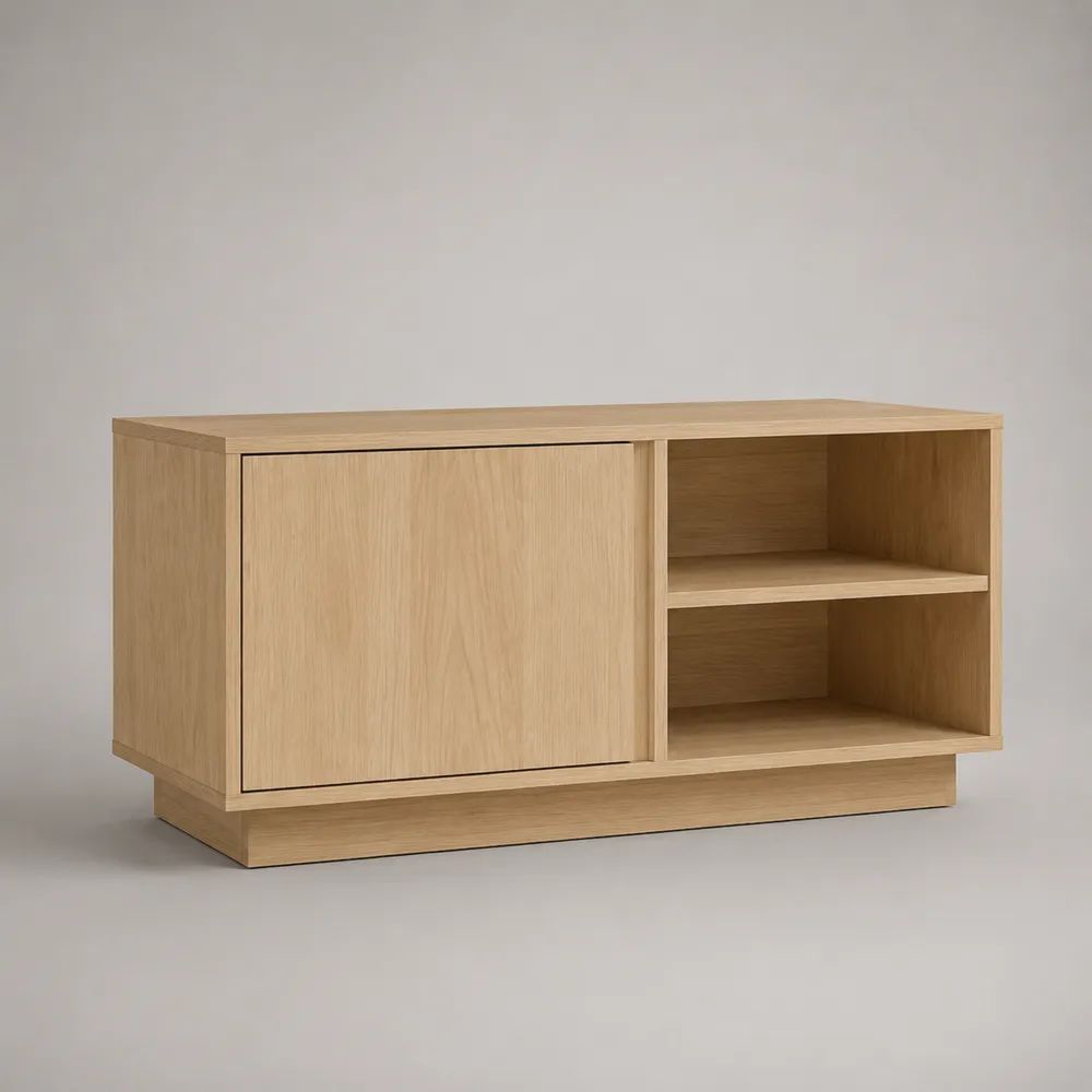 Mobile TV basso in legno con anta scorrevole e 2 vani aperti, rovere naturale, 120 × 40 × 65 cm
