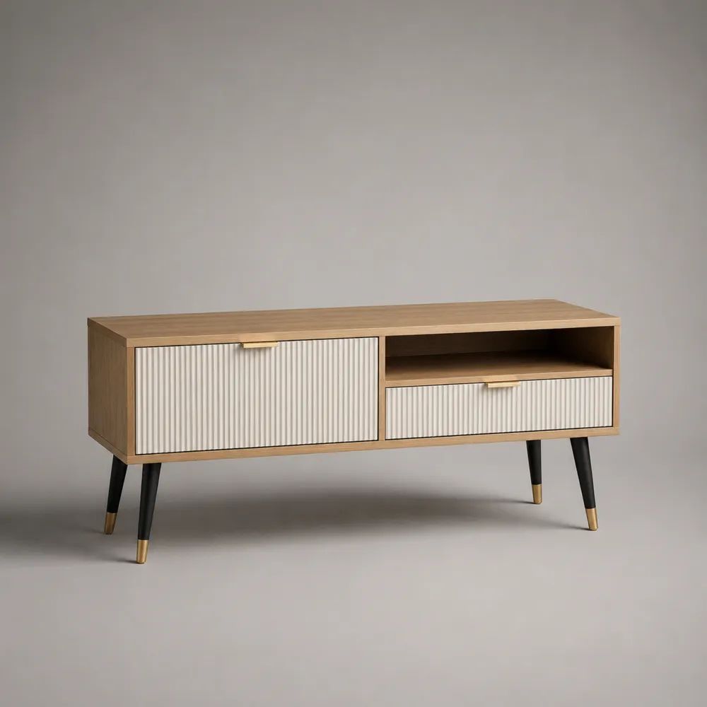 Mobile porta TV rettangolare in MDF effetto rovere naturale e bianco con anta, cassetto e vano aperto, 120 x 40 x 65 cm