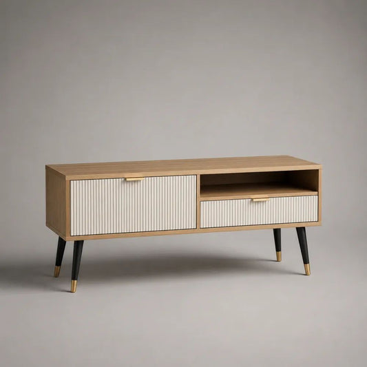 Mobile porta TV rettangolare in MDF effetto rovere naturale e bianco con anta, cassetto e vano aperto, 120 x 40 x 65 cm