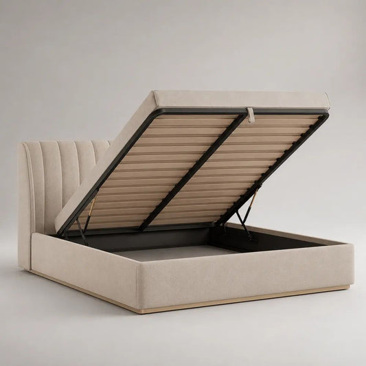 Letto matrimoniale contenitore 160 x 200 cm in poliestere bouclé beige con rete a doghe, testiera scanalata e apertura assistita