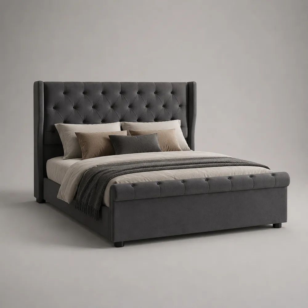Letto matrimoniale contenitore imbottito 180 x 220 x 140 cm, materasso 160 x 200 cm, in velluto grigio antracite con rete e testiera capitonné