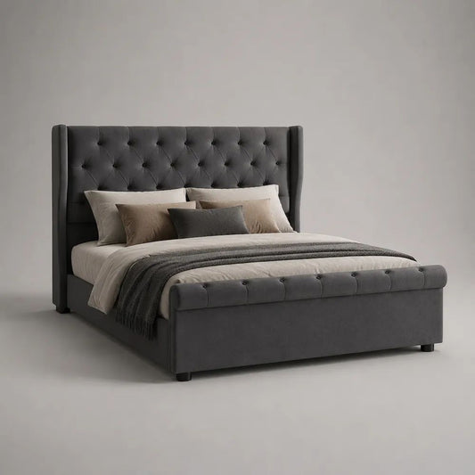 Letto matrimoniale contenitore imbottito 180 x 220 x 140 cm, materasso 160 x 200 cm, in velluto grigio antracite con rete e testiera capitonné