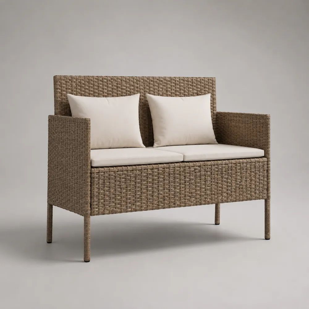 Panca da esterno a 2 posti in polyrattan PE tortora con cuscini crema, 120 x 65 x 90 cm