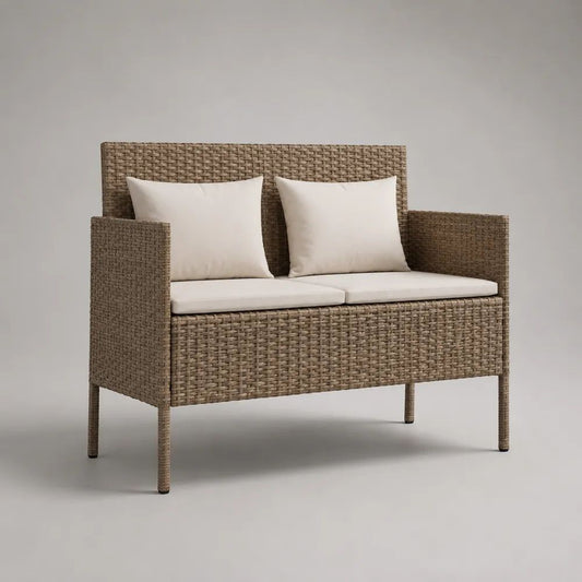 Panca da esterno a 2 posti in polyrattan PE tortora con cuscini crema, 120 x 65 x 90 cm