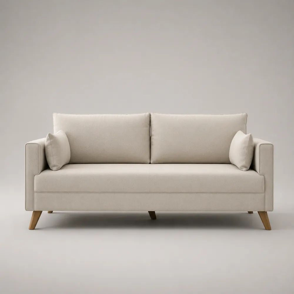 Divano lineare 3 posti in poliestere beige con gambe in legno massello, 190 x 82 x 84 cm