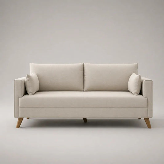 Divano lineare 3 posti in poliestere beige con gambe in legno massello, 190 x 82 x 84 cm