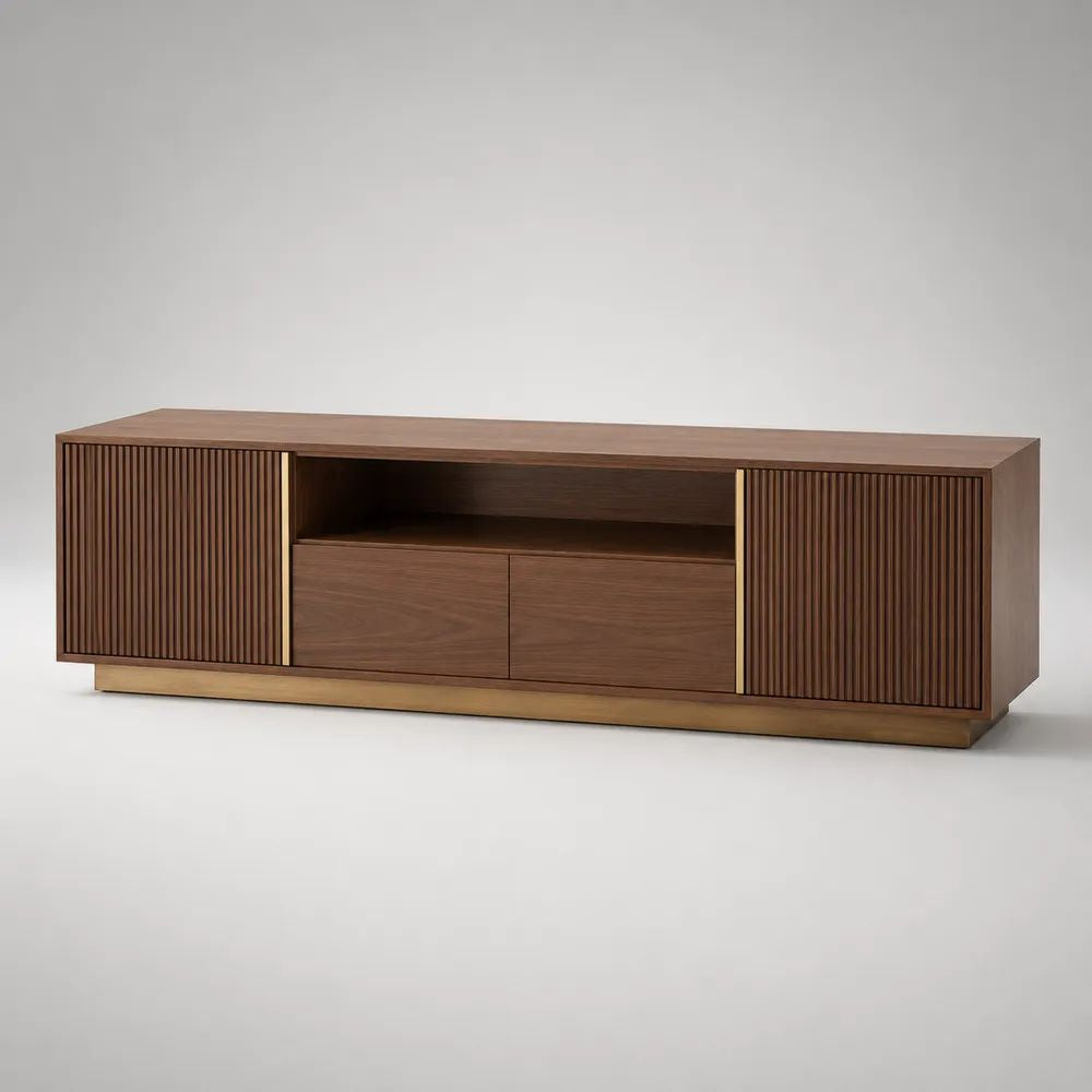 Mobile TV basso rettangolare in legno con 4 ante e vano aperto, marrone noce e ottone, 200 × 45 × 65 cm