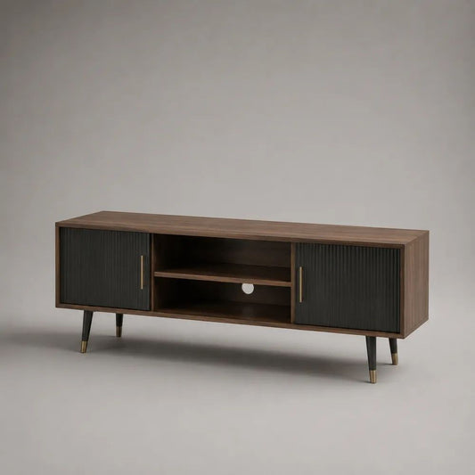 Mobile porta TV rettangolare con 2 ante e 2 vani aperti in MDF impiallacciato e acciaio, marrone noce, nero e ottone, 150 × 40 × 60 cm