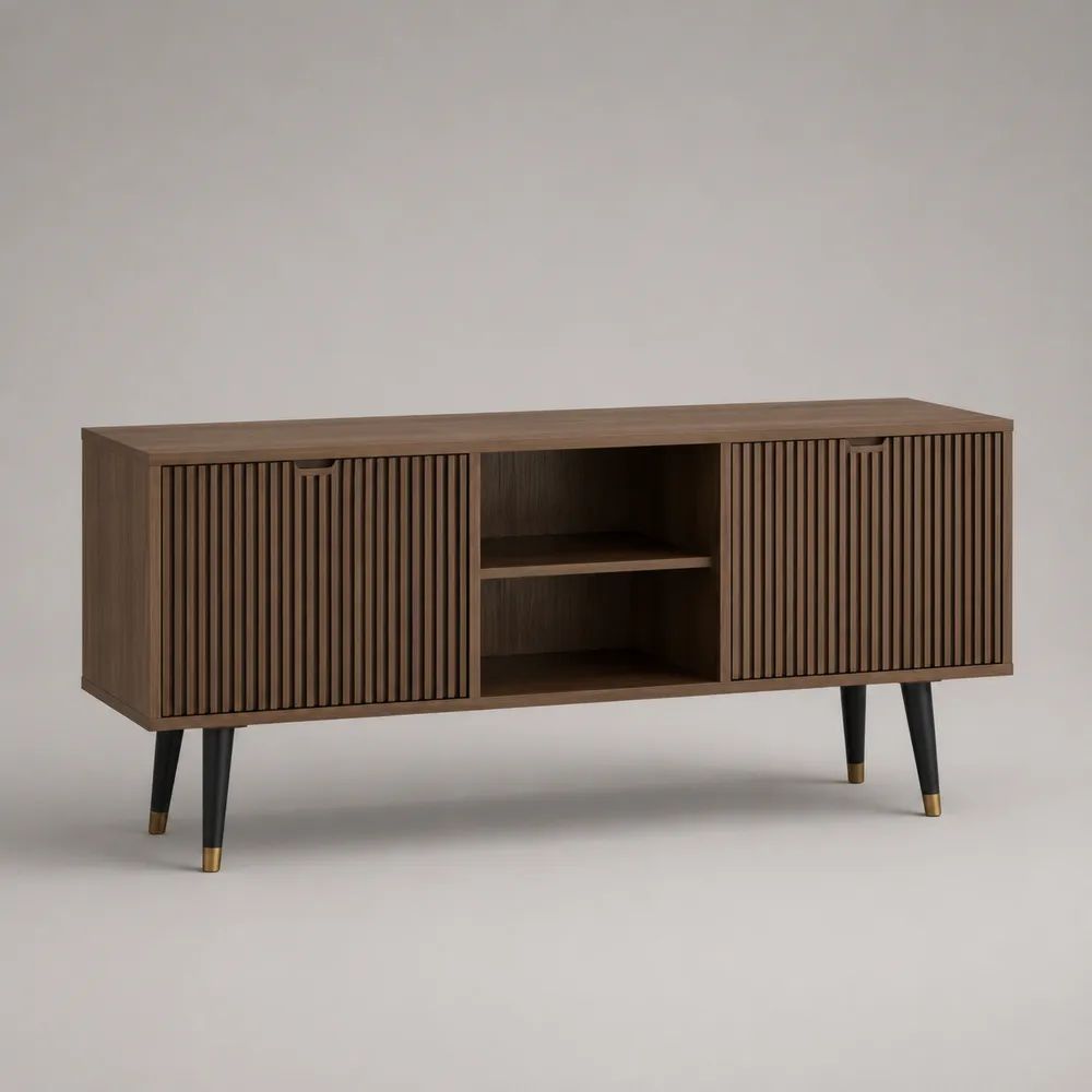 Mobile porta TV in legno e metallo, marrone noce, nero e ottone, con 4 ante scanalate e 2 vani, 160 x 40 x 75 cm