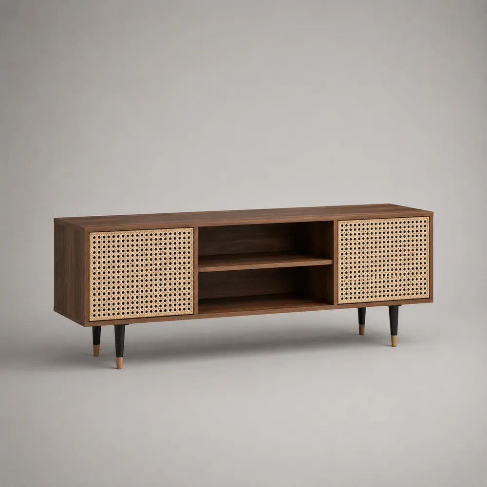 Mobile porta TV rettangolare in legno con 2 ante in rattan e 2 vani aperti, marrone noce/naturale/nero, 150 x 40 x 65 cm