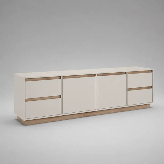 Mobile TV basso rettangolare in legno con 2 ante e 4 cassetti, bianco caldo e rovere naturale, 200 x 40 x 70 cm