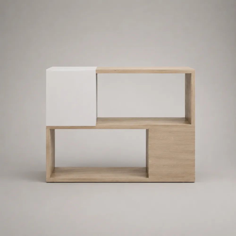 Mobile TV asimmetrico in legno rovere chiaro e bianco con 2 vani aperti e modulo chiuso, 120 x 30 x 90 cm
