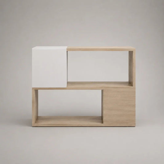 Mobile TV asimmetrico in legno rovere chiaro e bianco con 2 vani aperti e modulo chiuso, 120 x 30 x 90 cm