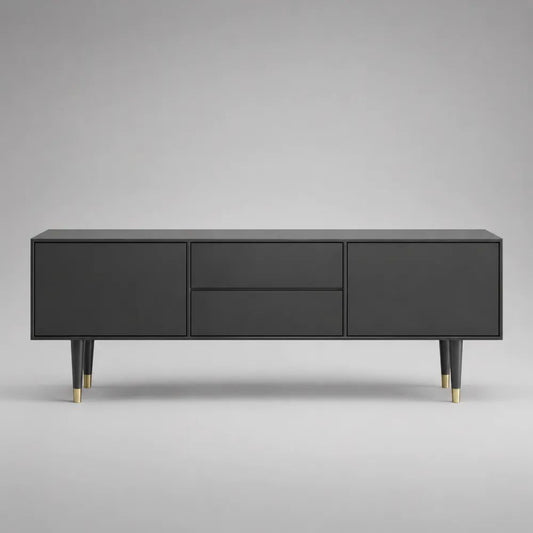 Mobile TV basso rettangolare in MDF nero con 2 ante, 2 cassetti e gambe oro, 160 x 40 x 70 cm
