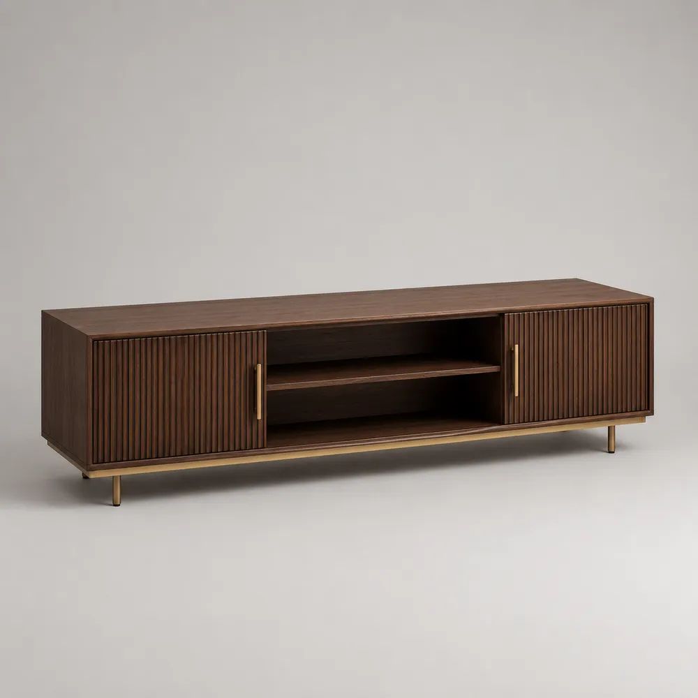 Mobile TV basso rettangolare in MDF impiallacciato noce e acciaio con 2 ante scanalate, 180 x 40 x 55 cm, marrone scuro e ottone