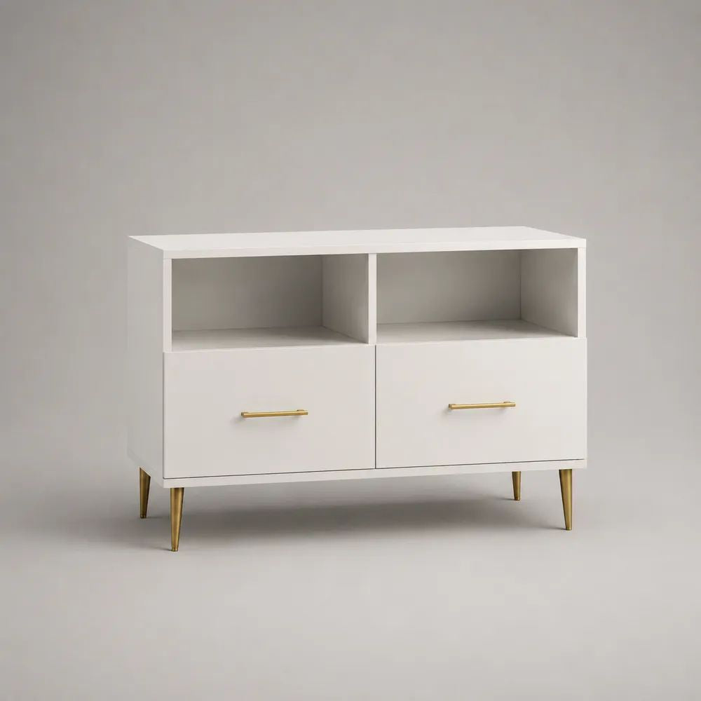 Mobile porta TV bianco e oro in MDF e acciaio con 2 cassetti e 2 vani aperti, 100 x 35 x 75 cm