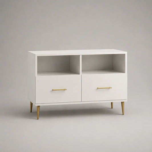 Mobile porta TV bianco e oro in MDF e acciaio con 2 cassetti e 2 vani aperti, 100 x 35 x 75 cm