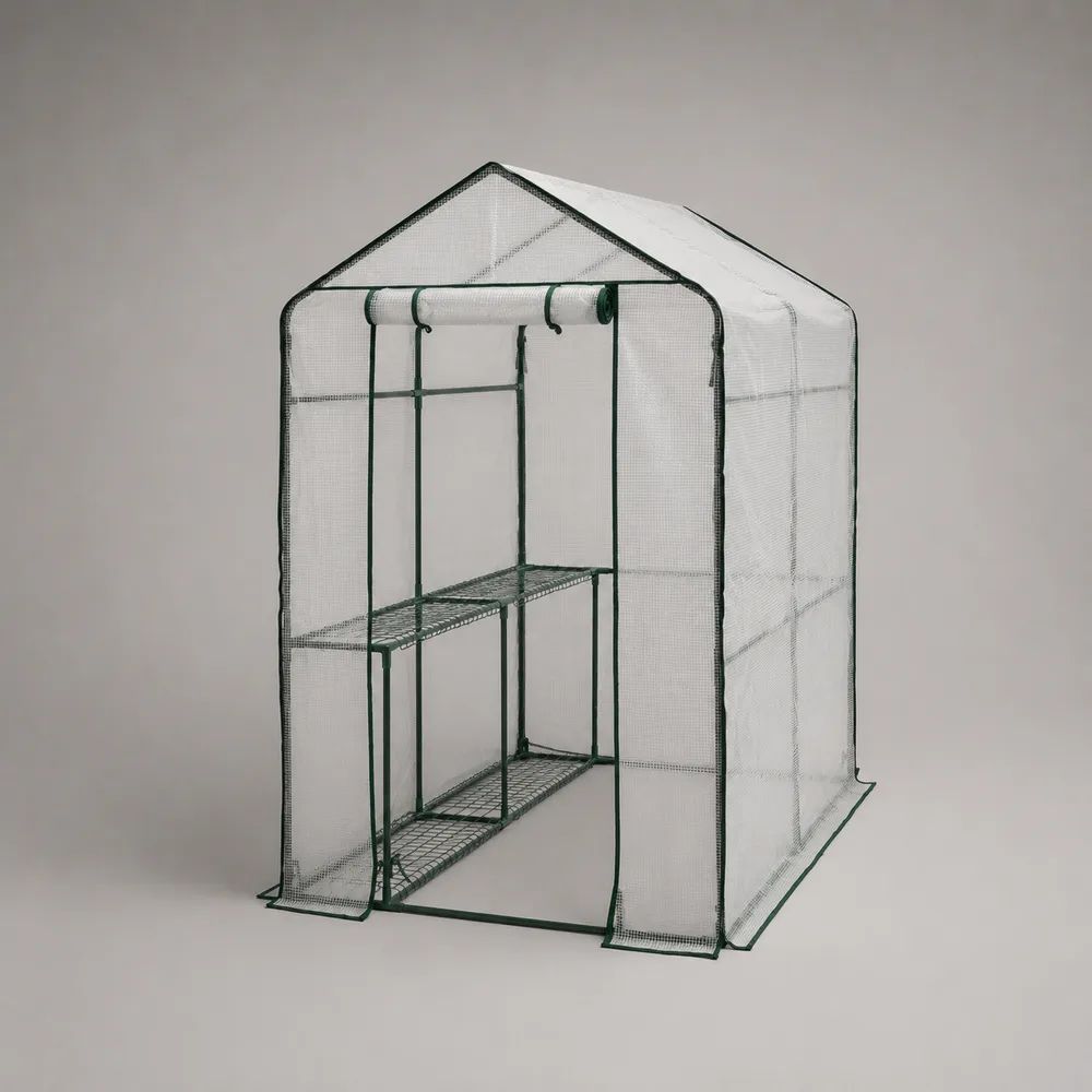 Serra da giardino con ingresso, copertura retinata in plastica, telaio in acciaio e 8 ripiani, 143 × 143 × 195 cm, trasparente e verde