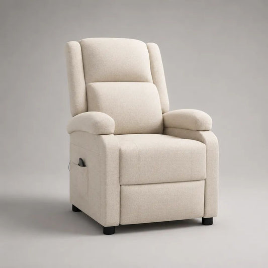 Poltrona reclinabile manuale in tessuto beige crema con poggiapiedi integrato, 76 x 90 x 105 cm