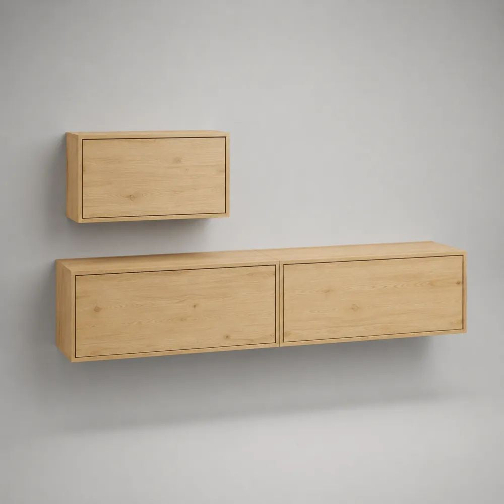 Mobile sospeso per televisore in legno, composizione da 3 moduli, rovere naturale, base 180 x 40 x 35 cm e pensile 60 x 35 x 35 cm