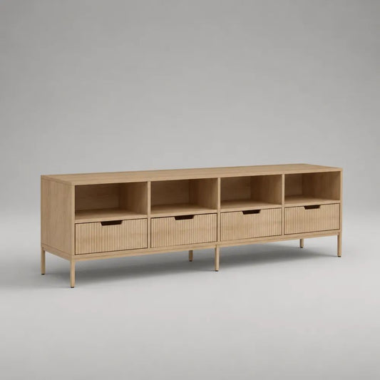 Mobile TV rettangolare con 4 cassetti e 4 vani, in legno e metallo, rovere naturale e beige dorato opaco, 160 x 40 x 60 cm