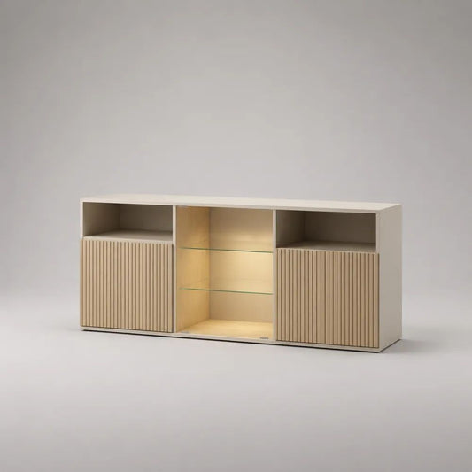 Mobile TV rettangolare in legno e vetro, bianco e rovere naturale, 160 x 40 x 80 cm