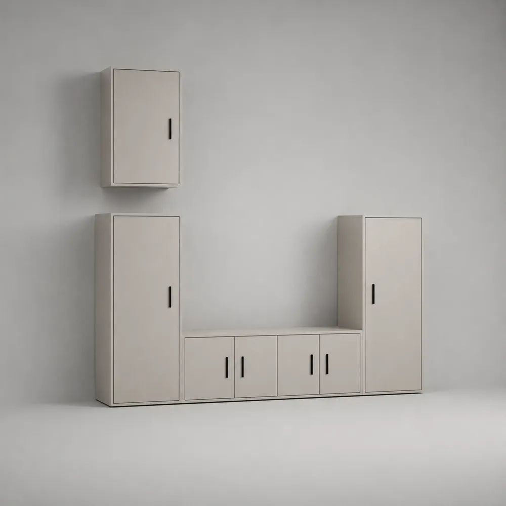 Parete attrezzata TV modulare 4 pezzi in pannello truciolare bianco opaco con maniglie nere, 260 x 35 x 205 cm