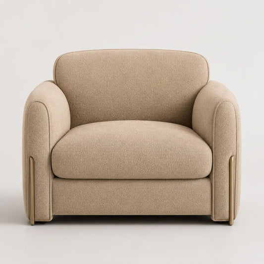Poltrona imbottita monoposto in bouclé di poliestere beige con profili in acciaio color oro, 96 × 88 × 82 cm