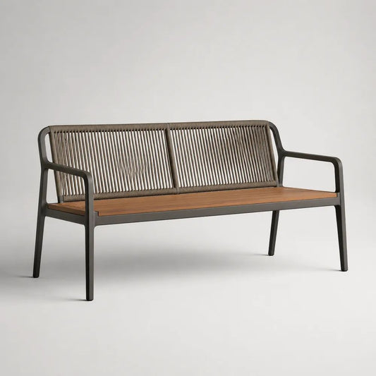 Panca da giardino a 2 posti in acciaio, legno e corda, antracite, marrone e tortora, 127 x 59 x 81 cm