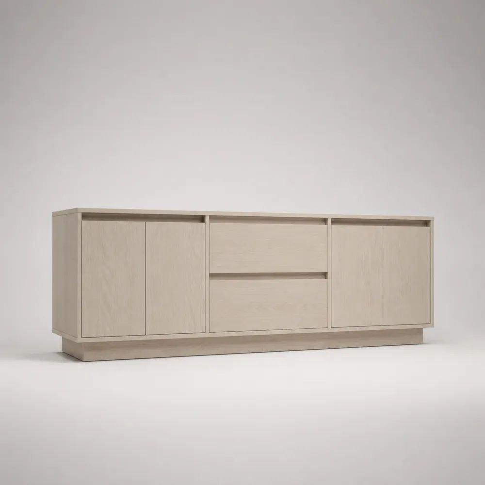 Mobile porta TV rettangolare con 4 ante e 2 cassetti in pannelli di particelle melaminici beige e rovere chiaro, 180 x 40 x 75 cm
