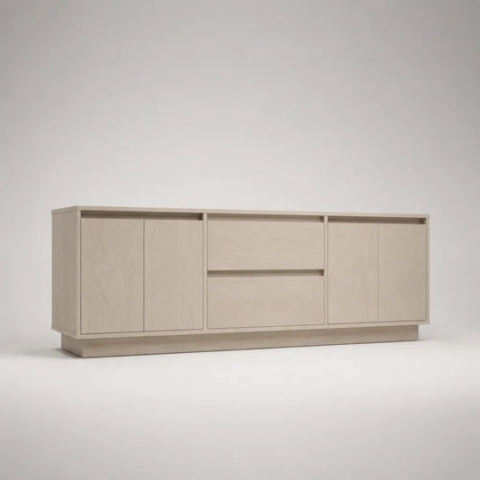 Mobile porta TV rettangolare con 4 ante e 2 cassetti in pannelli di particelle melaminici beige e rovere chiaro, 180 x 40 x 75 cm