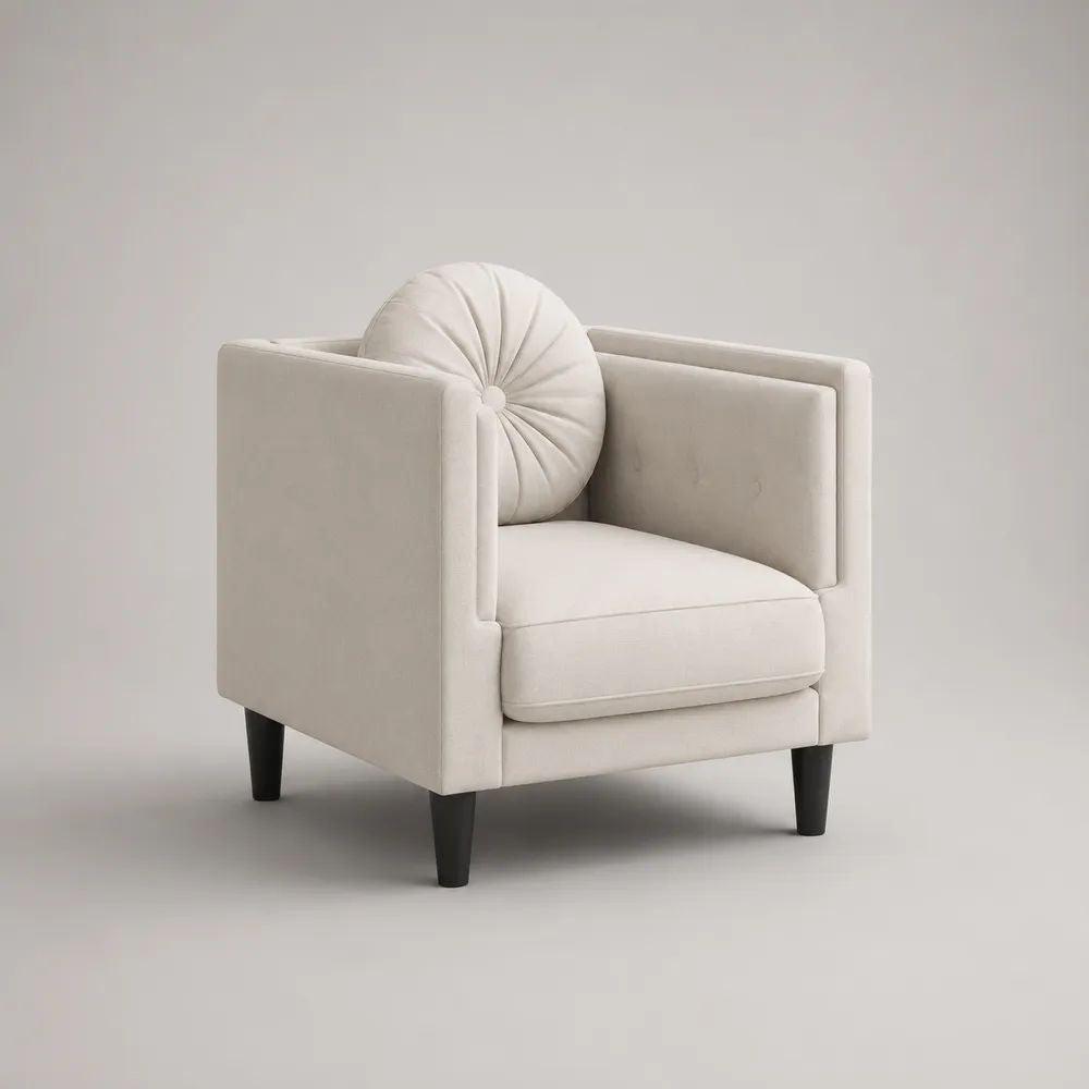 Poltrona in velluto crema con gambe nere e cuscino rotondo, 78 x 76 x 82 cm