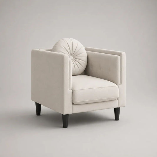 Poltrona in velluto crema con gambe nere e cuscino rotondo, 78 x 76 x 82 cm