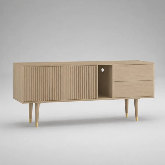 Mobile porta TV in MDF impiallacciato rovere naturale con 2 ante scorrevoli a listelli e 2 cassetti, 160 × 40 × 75 cm