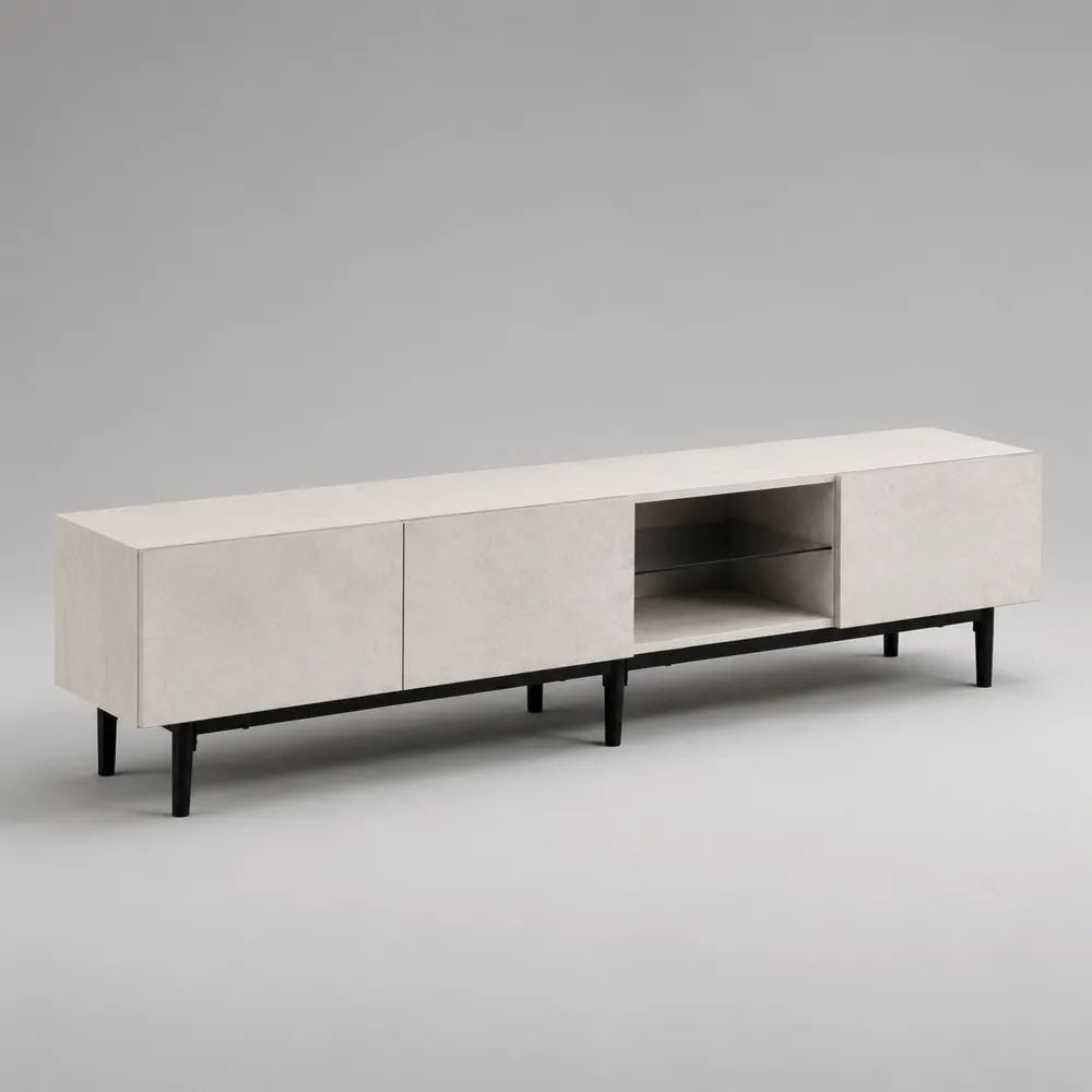 Mobile TV basso 180 x 40 x 55 cm in MDF effetto cemento beige con 3 ante, ripiano e gambe in acciaio nero