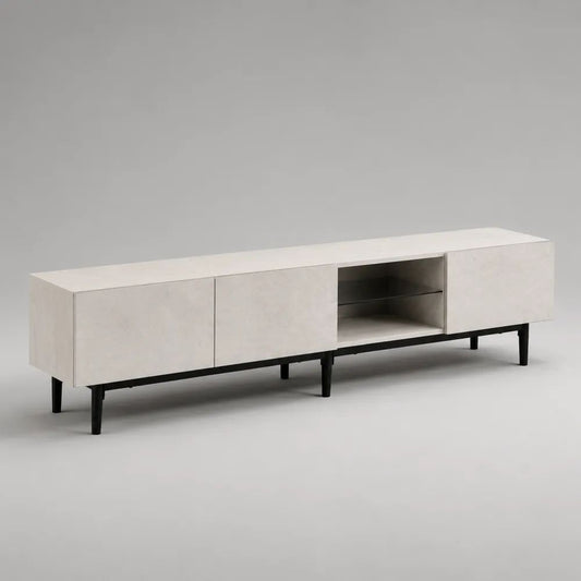Mobile TV basso 180 x 40 x 55 cm in MDF effetto cemento beige con 3 ante, ripiano e gambe in acciaio nero