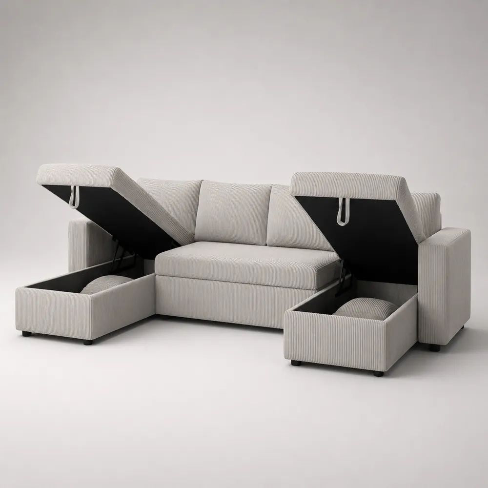 Divano a U 4 posti in velluto a coste beige chiaro con doppia penisola contenitore, 270 x 150 x 85 cm